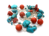 Turquoise & Coral Nugget Bead Necklace Sterling Silver