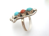 Turquoise & Coral Ring Sterling Silver Size 4 - The Jewelry Lady's Store