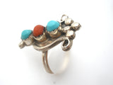 Turquoise & Coral Ring Sterling Silver Size 4 - The Jewelry Lady's Store