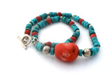 Turquoise & Coral Sterling Silver Bead Necklace 16" - The Jewelry Lady's Store