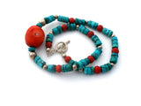 Turquoise & Coral Sterling Silver Bead Necklace 16" - The Jewelry Lady's Store