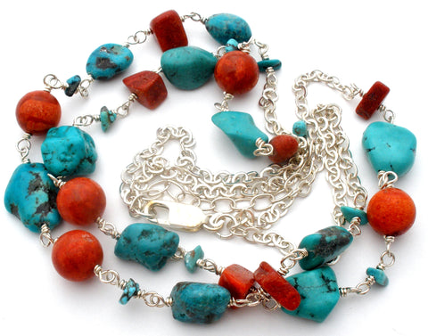 Turquoise & Coral Nugget Bead Necklace Sterling Silver