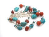 Turquoise & Coral Nugget Bead Necklace Sterling Silver