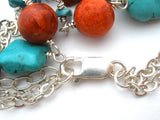 Turquoise & Coral Nugget Bead Necklace Sterling Silver