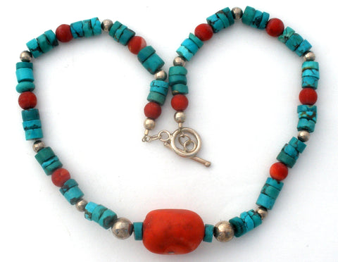 Turquoise & Coral Sterling Silver Bead Necklace 16"