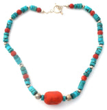 Turquoise & Coral Sterling Silver Bead Necklace 16" - The Jewelry Lady's Store