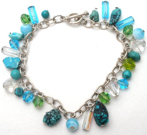 Turquoise & Crystal Bead 925 Bracelet Vintage