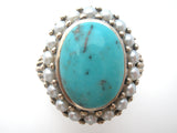 Turquoise & Pearl Ring Sterling Silver Size 10