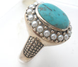 Turquoise & Pearl Ring Sterling Silver Size 10