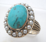 Turquoise & Pearl Ring Sterling Silver Size 10