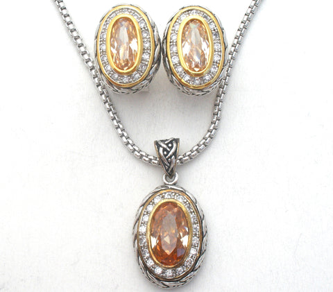 Two Tone Yellow CZ Necklace & Earrings Set
