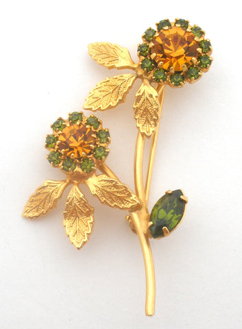 Vintage Rhinestone Flower & Leaf Brooch Pin