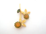 Vintage Rhinestone Flower & Leaf Brooch Pin