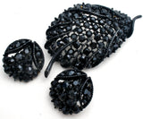 Leaf Brooch Jewelry Set Black Enamel & Rhinestones - The Jewelry Lady's Store