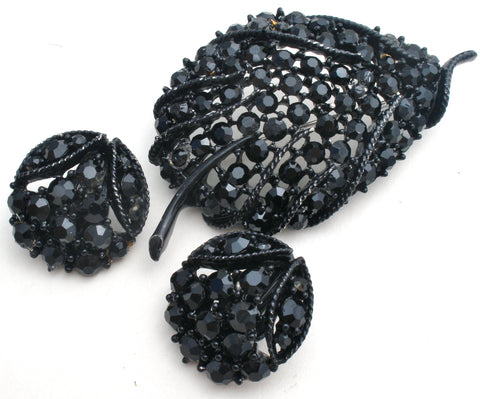 Leaf Brooch Jewelry Set Black Enamel & Rhinestones
