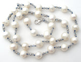 White Pearl Necklace With Blue Crystal Beads - The Jewelry Lady's Store