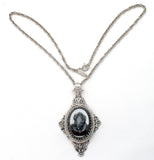 Whiting & Davis Cameo Pendant Necklace with Black Rose Relief - The Jewelry Lady's Store