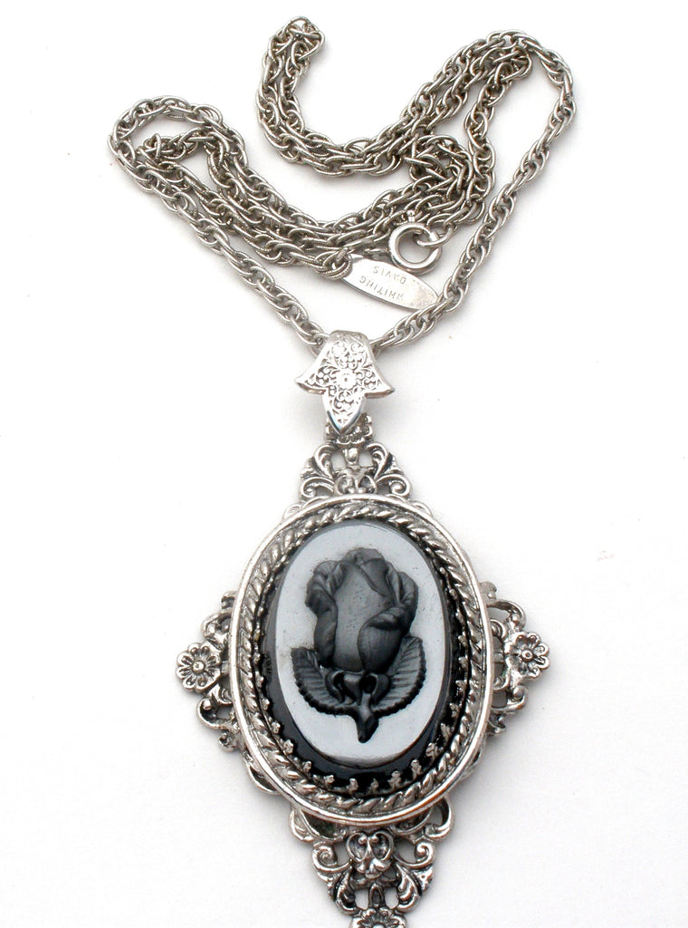 Whiting & Davis Cameo Pendant Necklace with Black Rose Relief - The Jewelry Lady's Store