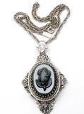 Whiting & Davis Cameo Pendant Necklace with Black Rose Relief - The Jewelry Lady's Store