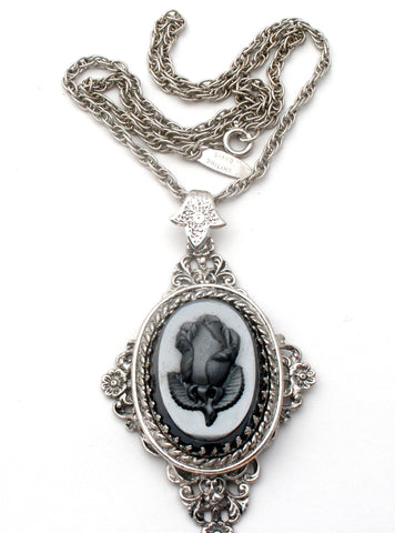 Whiting & Davis Cameo Pendant Necklace with Black Rose Relief