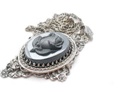 Whiting & Davis Cameo Pendant Necklace with Black Rose Relief - The Jewelry Lady's Store