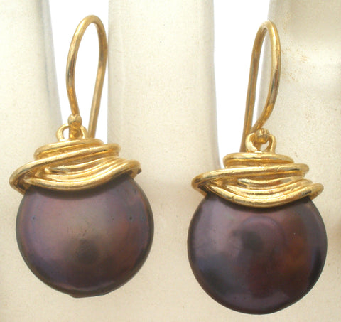 Yam Brown Baroque Pearl Dangle Vermeil 925 Earrings Israel