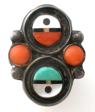 Zuni Coral Turquoise Mother of Pearl Ring Size 6