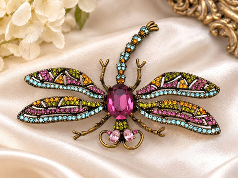 Dragonfly Trembler Brooch Pin With Rhinestones