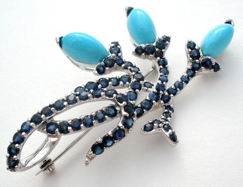 Sapphire & Turquoise 10K White Gold Brooch Pin Vintage