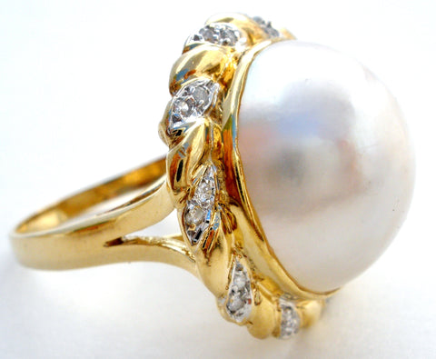 14K Yellow Gold Mabe Pearl & Diamond Ring Vintage