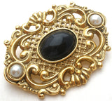 1928 Co Black Rhinestone & Pearl Brooch Pin - The Jewelry Lady's Store
