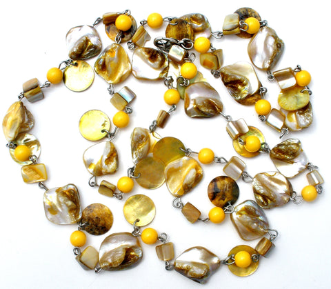 Abalone Seashell and Yellow Bead Necklace 42"