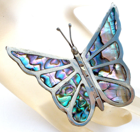 Abalone Shell Butterfly Brooch Pin Sterling Silver Vintage