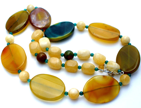 Agate & Yellow Quartz Bead Necklace 30"