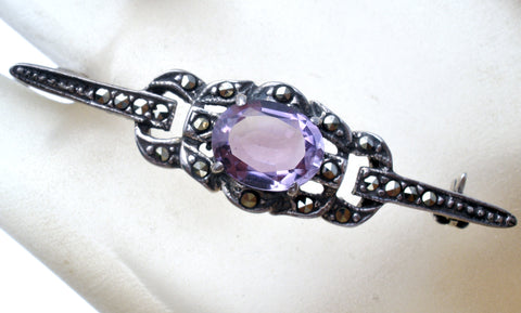 Amethyst & Marcasite Sterling Silver Bar Pin