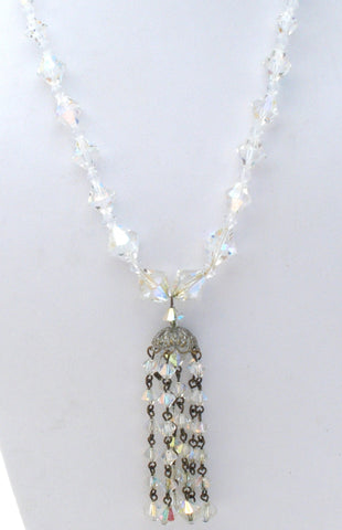 Aurora Borealis Crystal Bead Tassel Necklace Vintage