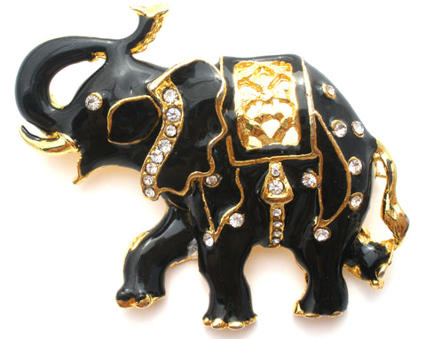 Black Enamel Elephant With Rhinestones Vintage Pin