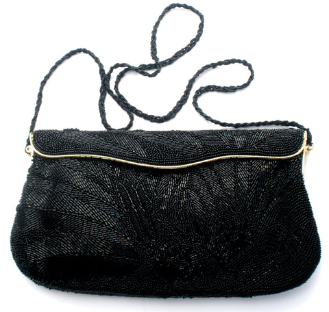 Black Fully Glass Beaded Hand Bag Clutch Purse