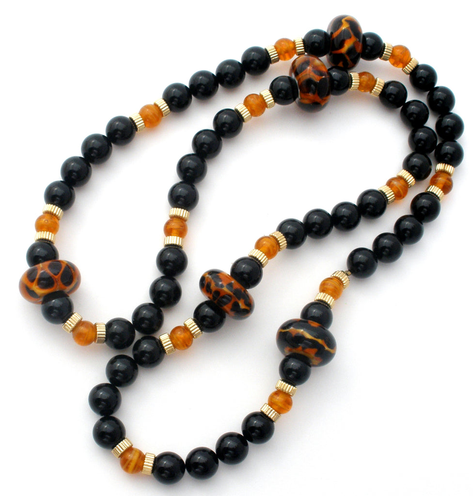 Black Onyx Bead Necklace with Amber Art Glass - The Jewelry Lady's Store