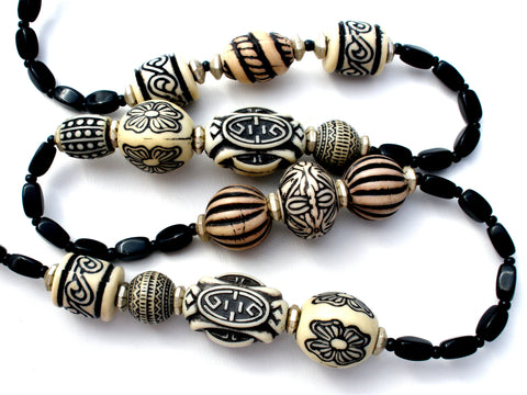 Black & White Long Tribal Bead Necklace