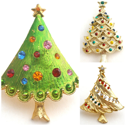 Christmas Tree Pins Lot of 3 Vintage Brooches
