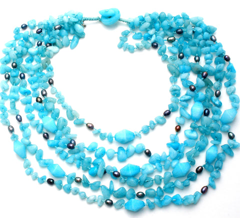 Blue Caribbean Quartz & Gray Pearl Necklace