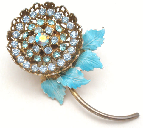 Blue Enamel & Rhinestone Flower Brooch Pin Vintage