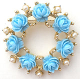Blue Rose & Pearl Wreath Brooch Pin Vintage - The Jewelry Lady's Store