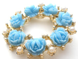 Blue Rose & Pearl Wreath Brooch Pin Vintage - The Jewelry Lady's Store