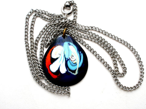 Blue Enamel Pendant Necklace Vintage 18"