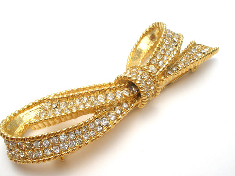 Bow Brooch Pin with Clear Crystals Vintage