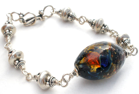 Brown Murano Glass Bead Sterling Silver Bracelet 7"
