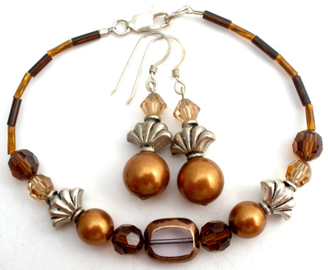 Brown Pearl & Crystal Bracelet Set 925