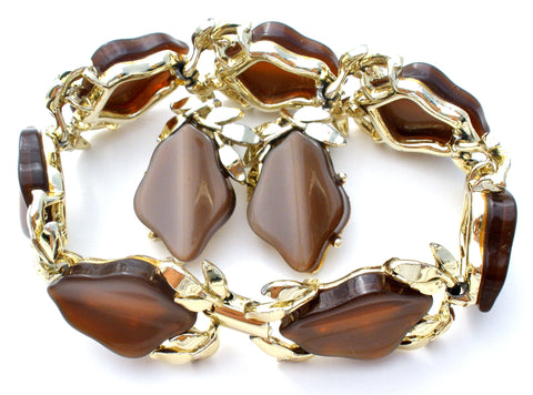 Brown Thermoset Leaf Bracelet & Earrings Vintage